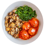 Mushrooms, Garlicy Greens, Meatballs